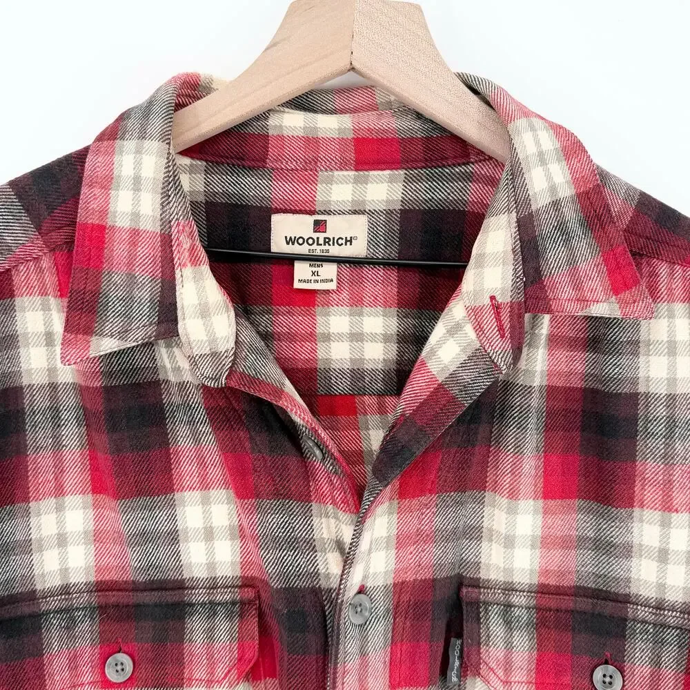 Woolrich Mens XL Flannel Shirt Red Black Plaid Heavy Cotton Elbow Patches FLAWED - Picture 3 of 15